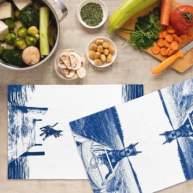 Lake House Decor Doberman Kitchen Towels Set of 2, Summer Funny Lake Dog Coastal Bathroom Hand Towel, Dog Lover Gifts Tea Towel Dish Towels 16x24 Inch