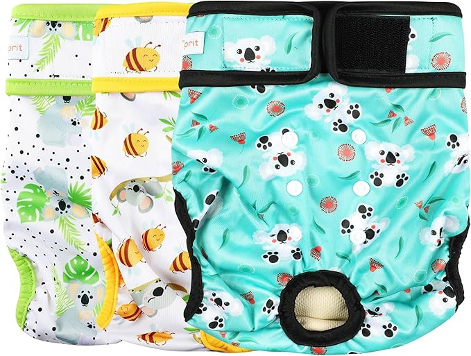 Langsprit Washable Female Dog Diapers (3 Pack) - No Leak Reusable Diapers for Doggy Female in Period - Highly Absorbent Dog Heat Panties with Adjustable Snaps (Koala, Large)