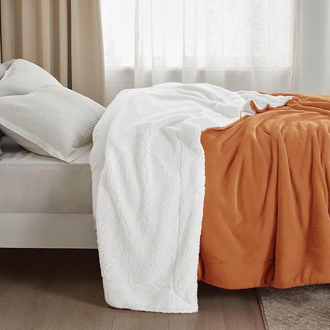 Bedsure GentleSoft Sherpa Fleece Blanket Queen Size for Bed, Non-Heated, Thick and Warm Throw for Women and Men, Soft Fuzzy Plush Queen Blanket for Winter, Burnt Orange, 90x90 Inches