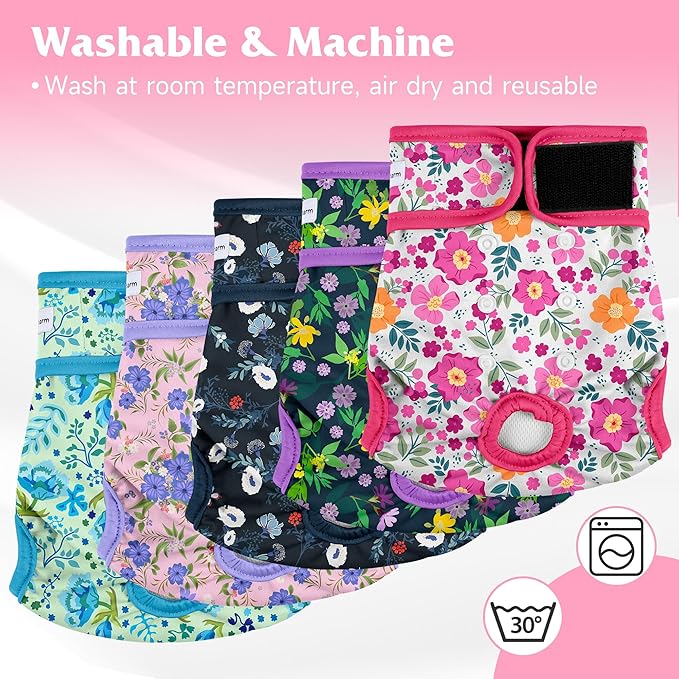 5 Pack Reusable Diapers for Doggie, Highly Absorbent Dog Diapers Female for Pet with Incontinence or Frequent Urination, Small Dog Diapers Female, Flowers