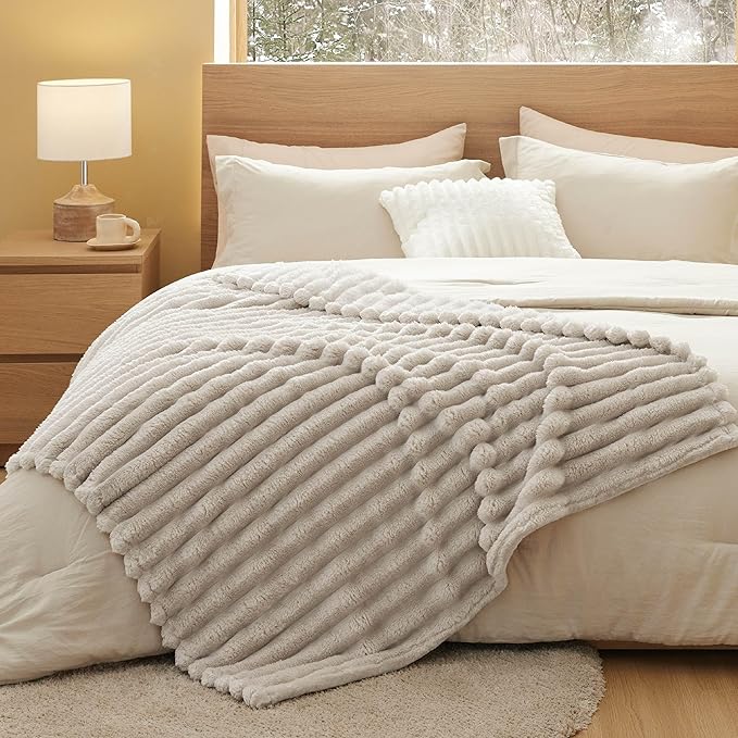 Bedsure Throw Blanket for Couch - 350GSM Super GentleSoft Fuzzy Fluffy Cozy Fleece Blankets for Women, Cute Small Plush Throws for Girls, Linen, 50x60 Inches, Wider Striped Design