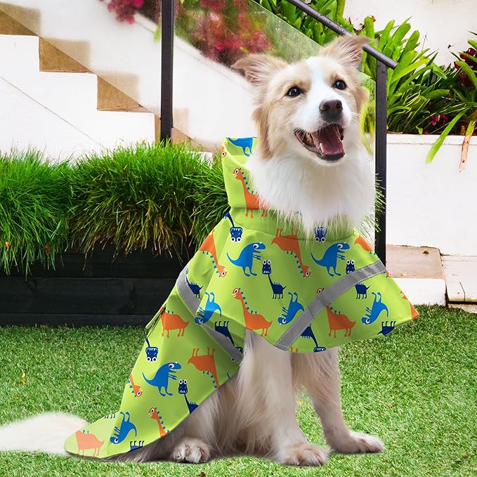 NACOCO Large Dog Raincoat Adjustable - Pet Dinosaurs Water Proof Clothes Lightweight Rain Jacket Poncho Hoodies with Strip Reflective Green (L, Green Dinosaur)