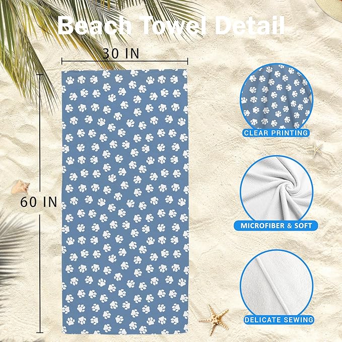 Blue Paws Dog Pet Beach Towel Gifts for Women Dog Lovers Owner, Funny Cute Quick Dry Travel Sand Free Beach Towels Oversized Decor for Bathroom Swimming Pool 30x60in