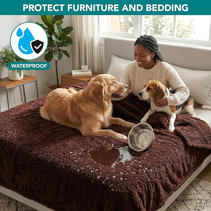 PetAmi Fluffy Waterproof Dog Blanket for Bed Large Dogs, Soft Warm Pet Sherpa Throw Pee Proof Couch Cover, Reversible Cat Blanket Sofa Crate Kennel Protector, Washable Mat (Brown, 60x80)