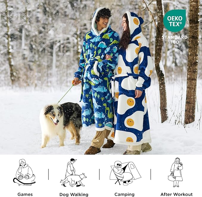 Bedsure Oversized Wearable Blanket Hoodie for Women, Long Printed Hooded Blanket Sweatshirt with Big Pocket as Gifts for Girl, Fried Egg, Sea Blue