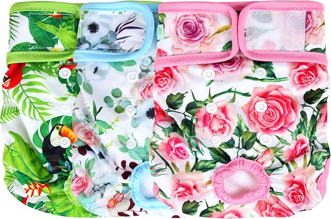 wegreeco Luxury Washable Reusable Dog Diapers (Stylish Pattern) - Female Dog Diapers, Doggie Diapers, 3 Pack (Floral, Small)