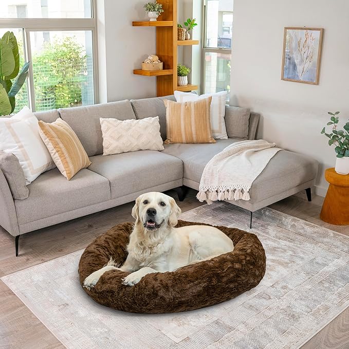 Best Friends by Sheri The Original Calming Donut Dog Bed – Washable Plush Pet Bed for Large Breeds up to 100 lbs, Lux Faux Fur, Dark Brown, Large (36" x 36")