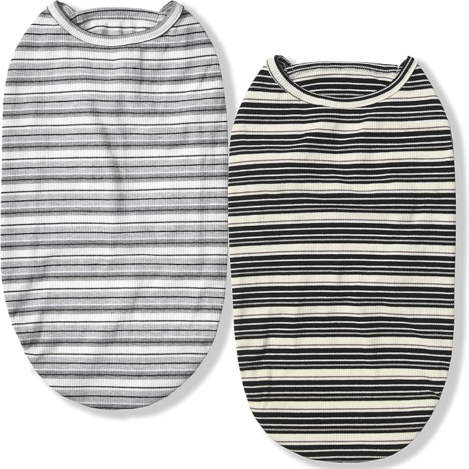 Dog Shirts Vest Cotton Striped T-Shirt, Sleeveless Stretchy Pet Clothes for Small Dogs, 2-Pack Soft Breathable Puppy Tank Top Cat Tee (Large, Black,Gray)