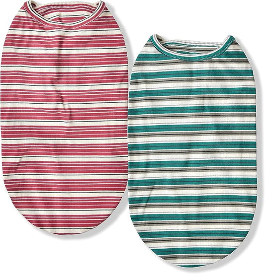 Dog Shirts Vest Cotton Striped T-Shirt, Sleeveless Stretchy Pet Clothes for Small Dogs, 2-Pack Soft Breathable Puppy Tank Top Cat Tee (X-Small, Pine Green,Plum Red)
