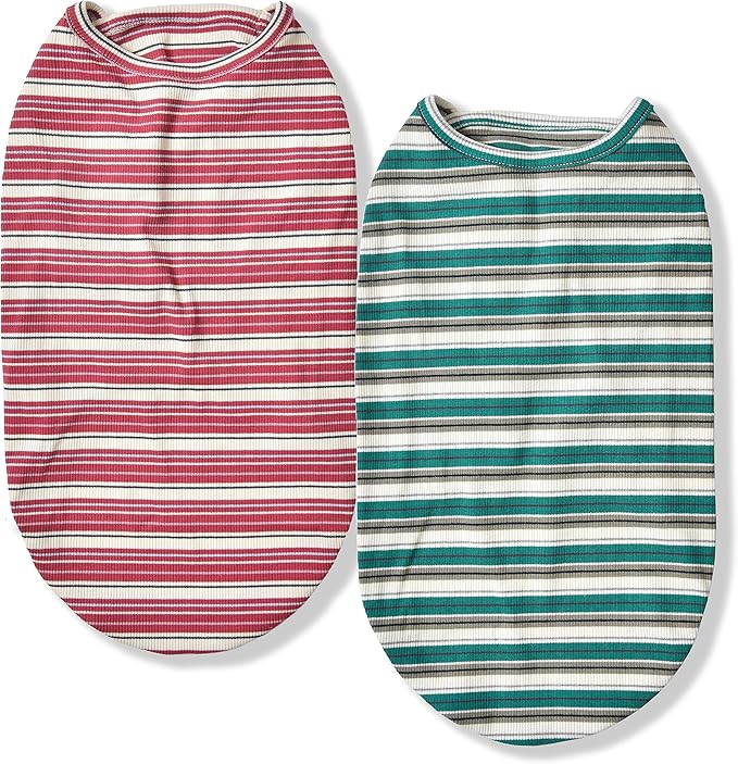 Dog Shirts Vest Cotton Striped T-Shirt, Sleeveless Stretchy Pet Clothes for Small Dogs, 2-Pack Soft Breathable Puppy Tank Top Cat Tee (Large, Pine Green,Plum Red)