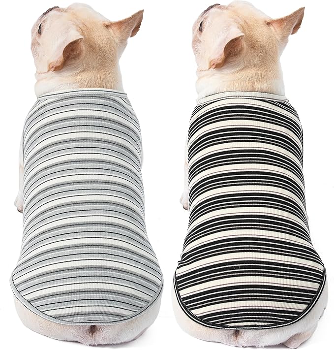 Dog Shirts Vest Cotton Striped T-Shirt, Sleeveless Stretchy Pet Clothes for Small Dogs, 2-Pack Soft Breathable Puppy Tank Top Cat Tee (Large, Black,Gray)