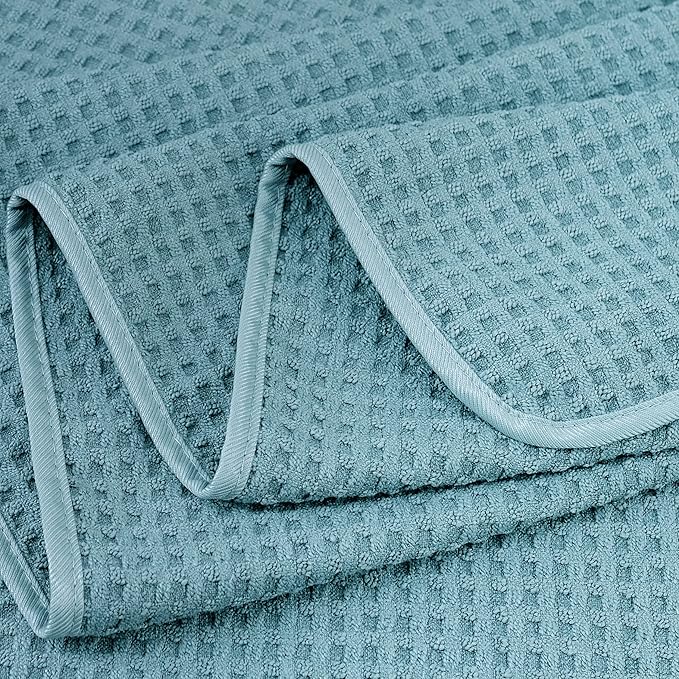 POLYTE Microfiber Oversize Quick Dry Lint Free Bath Towel, 60 x 30 in, Set of 2 (Green, Waffle Weave)