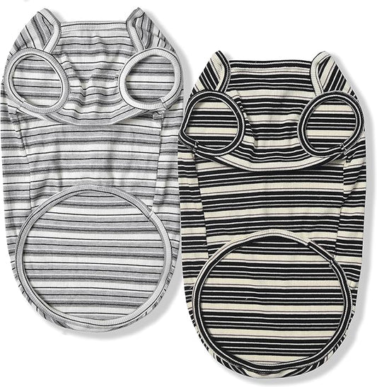 Dog Shirts Vest Cotton Striped T-Shirt, Sleeveless Stretchy Pet Clothes for Small Dogs, 2-Pack Soft Breathable Puppy Tank Top Cat Tee (X-Large, Black,Gray)