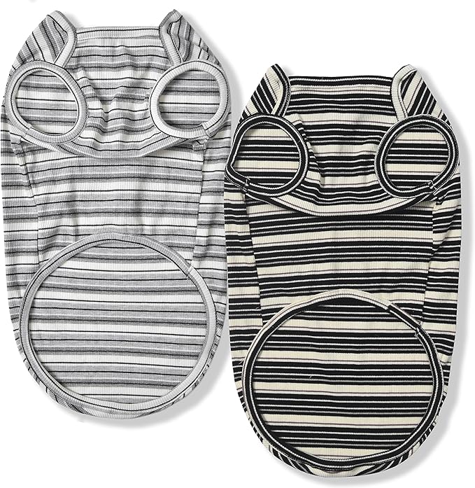 Dog Shirts Vest Cotton Striped T-Shirt, Sleeveless Stretchy Pet Clothes for Small Dogs, 2-Pack Soft Breathable Puppy Tank Top Cat Tee (Medium, Black,Gray)