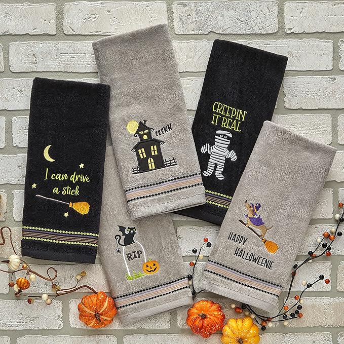 SKL Home Halloween Happy Halloweenie Hand Towel 2pc Set for Bath/Kitchen/Bar & Gift, Gray
