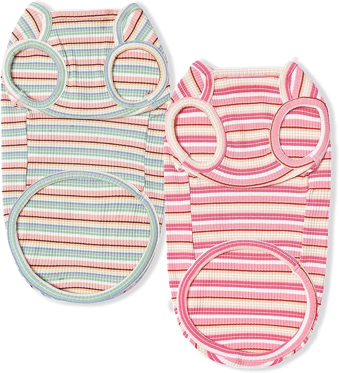 Dog Shirts Vest Cotton Striped T-Shirt, Sleeveless Stretchy Pet Clothes for Small Dogs, 2-Pack Soft Breathable Puppy Tank Top Cat Tee (Medium, Pink,Rose)