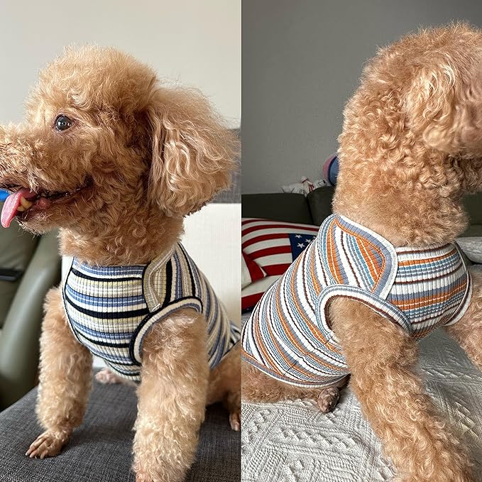Dog Shirts Vest Cotton Striped T-Shirt, Sleeveless Stretchy Pet Clothes for Small Dogs, 2-Pack Soft Breathable Puppy Tank Top Cat Tee (Small, Blue,Yellow)