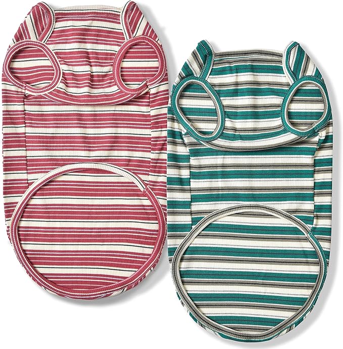 Dog Shirts Vest Cotton Striped T-Shirt, Sleeveless Stretchy Pet Clothes for Small Dogs, 2-Pack Soft Breathable Puppy Tank Top Cat Tee (X-Large, Pine Green,Plum Red)