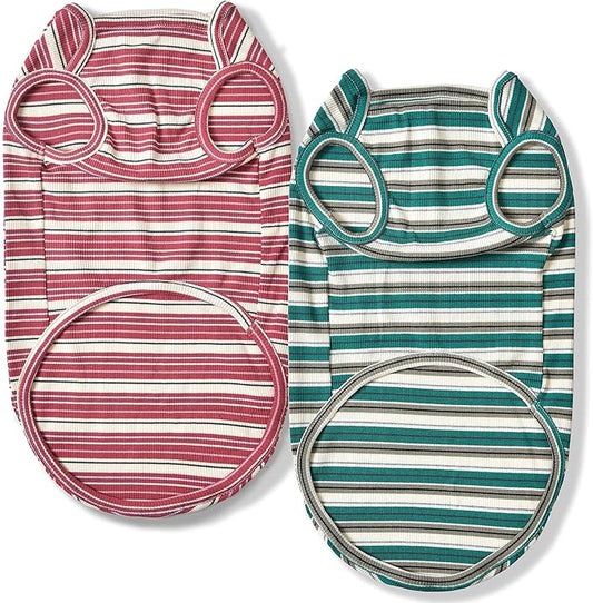 Dog Shirts Vest Cotton Striped T-Shirt, Sleeveless Stretchy Pet Clothes for Small Dogs, 2-Pack Soft Breathable Puppy Tank Top Cat Tee (Medium, Pine Green,Plum Red)