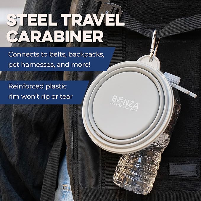 Bonza Collapsible Dog Bowls - X-Large 50 oz, Dog Travel Accessories, Silicone Portable Dogs Bowl & Water Dish with Reinforced Rim & Carabiner for Hiking, Camping, and Car Trips, Black