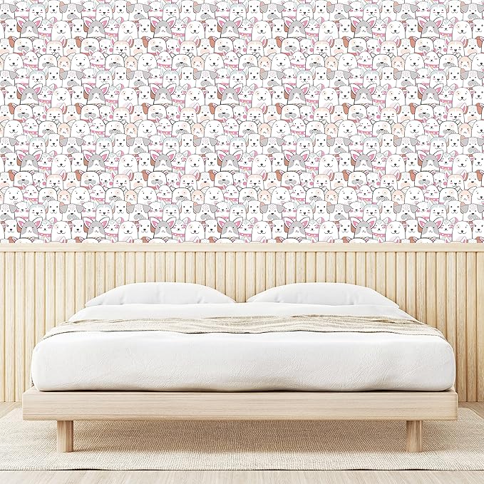 Ambesonne Dogs Peel & Stick Wallpaper for Home, Funny Animal Portraits with Smiles on Their Faces Cartoon Puppies Kawaii, Self-Adhesive Living Room Kitchen Accent, 13" x 100", Pink Grey and White